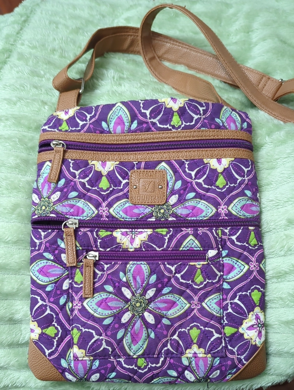 Stone Mountain Purple Floral Quilted Crossbody with Tan Trim